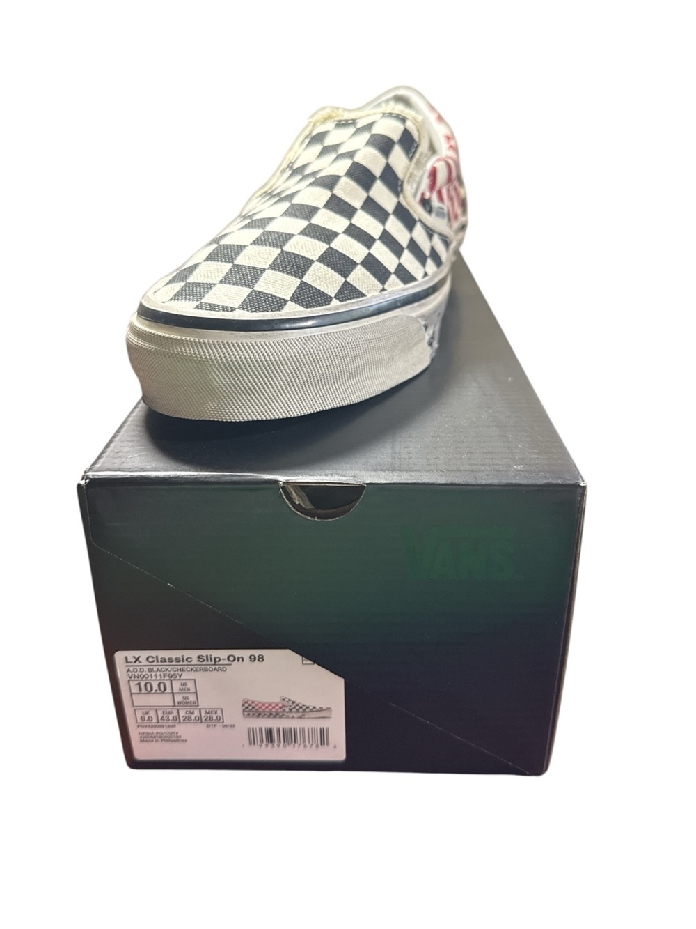 Vans Checkerboard Slip-On - Black & White with Red Heel Accent